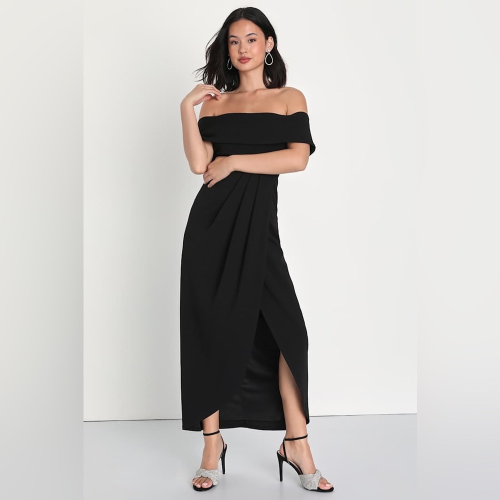 Lulu’s I'm Enchanted Black Off-The-Shoulder Midi Dress